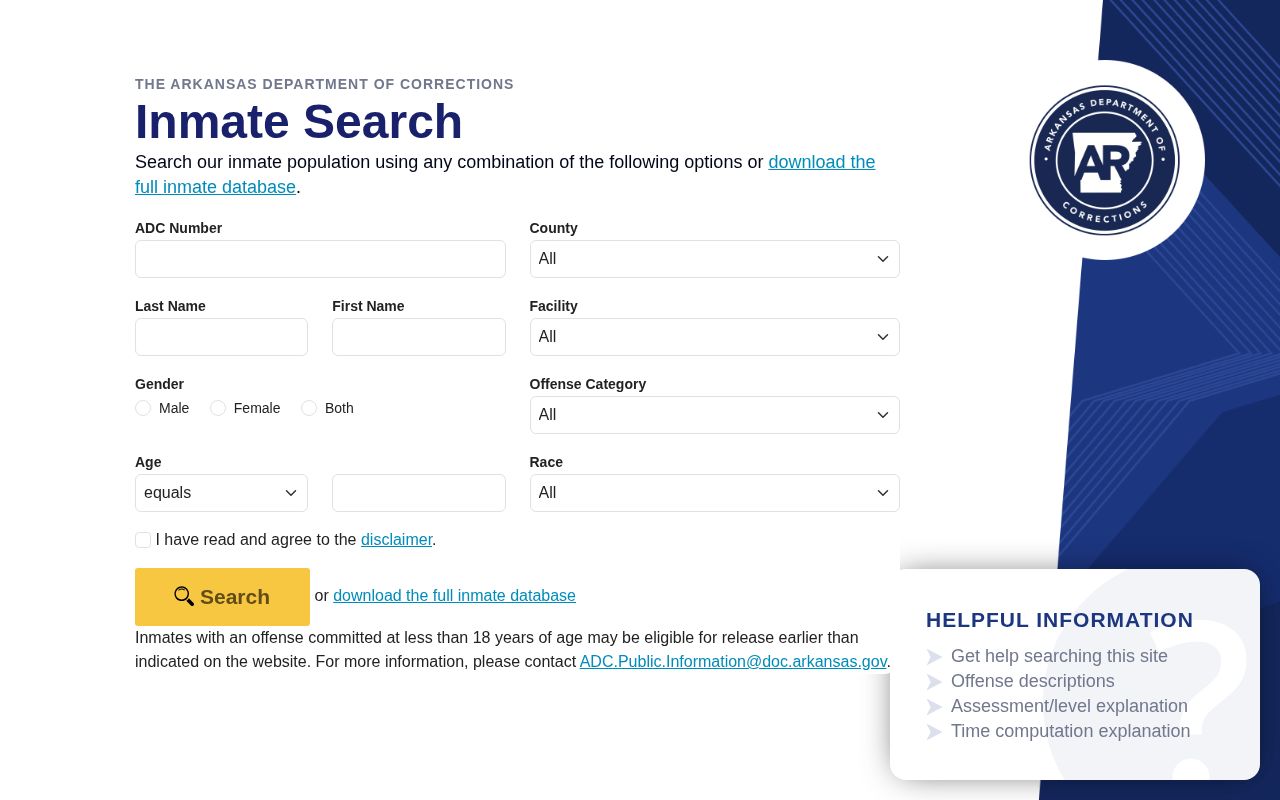 Arkansas Department of Corrections official inmate search interface