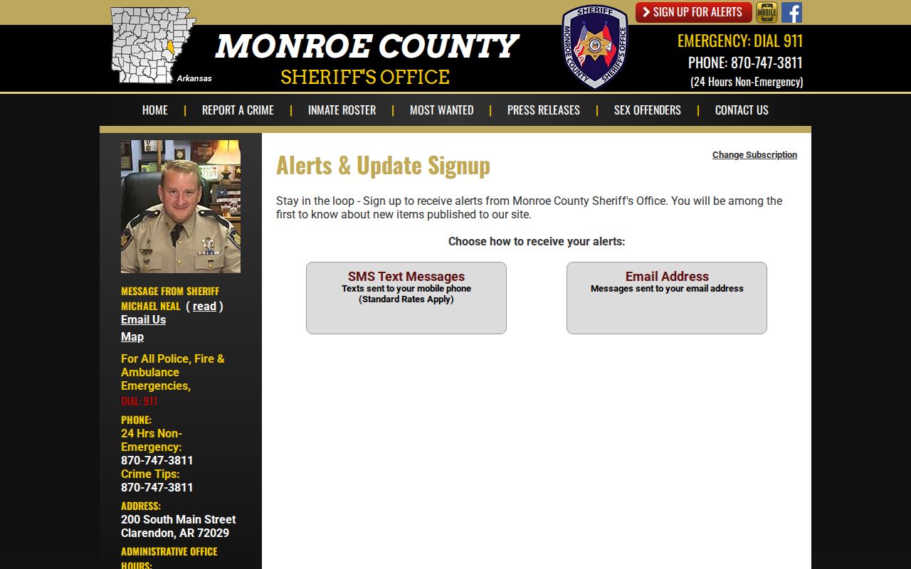 Monroe County Sheriff's Office alert signup page for roster and wanted notices