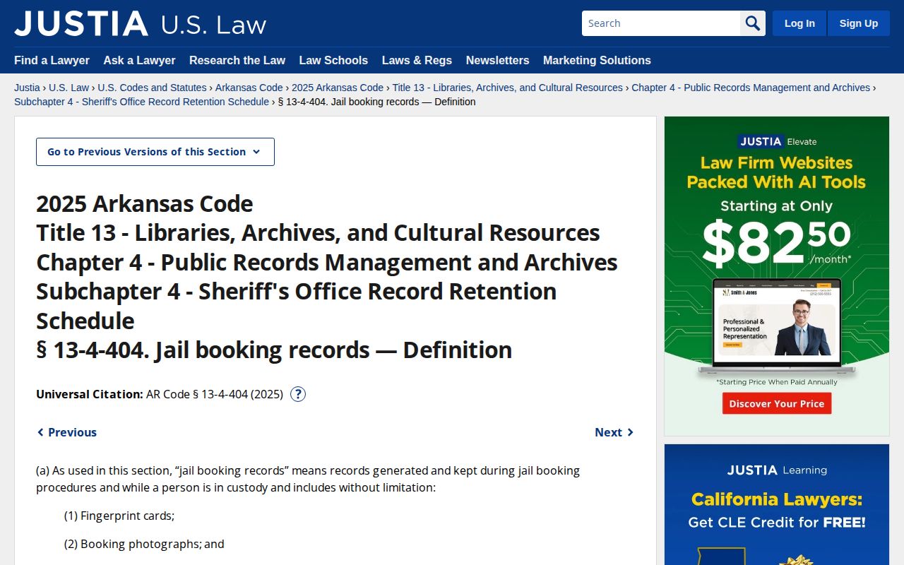 Arkansas Code section covering retention of jail booking records and booking photos